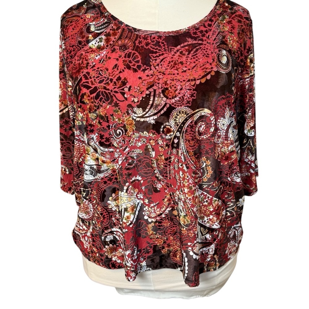 Catherine’s Floral Paisley Burnout Velvet Top Size 2XWP Fall Autumn Boho Office